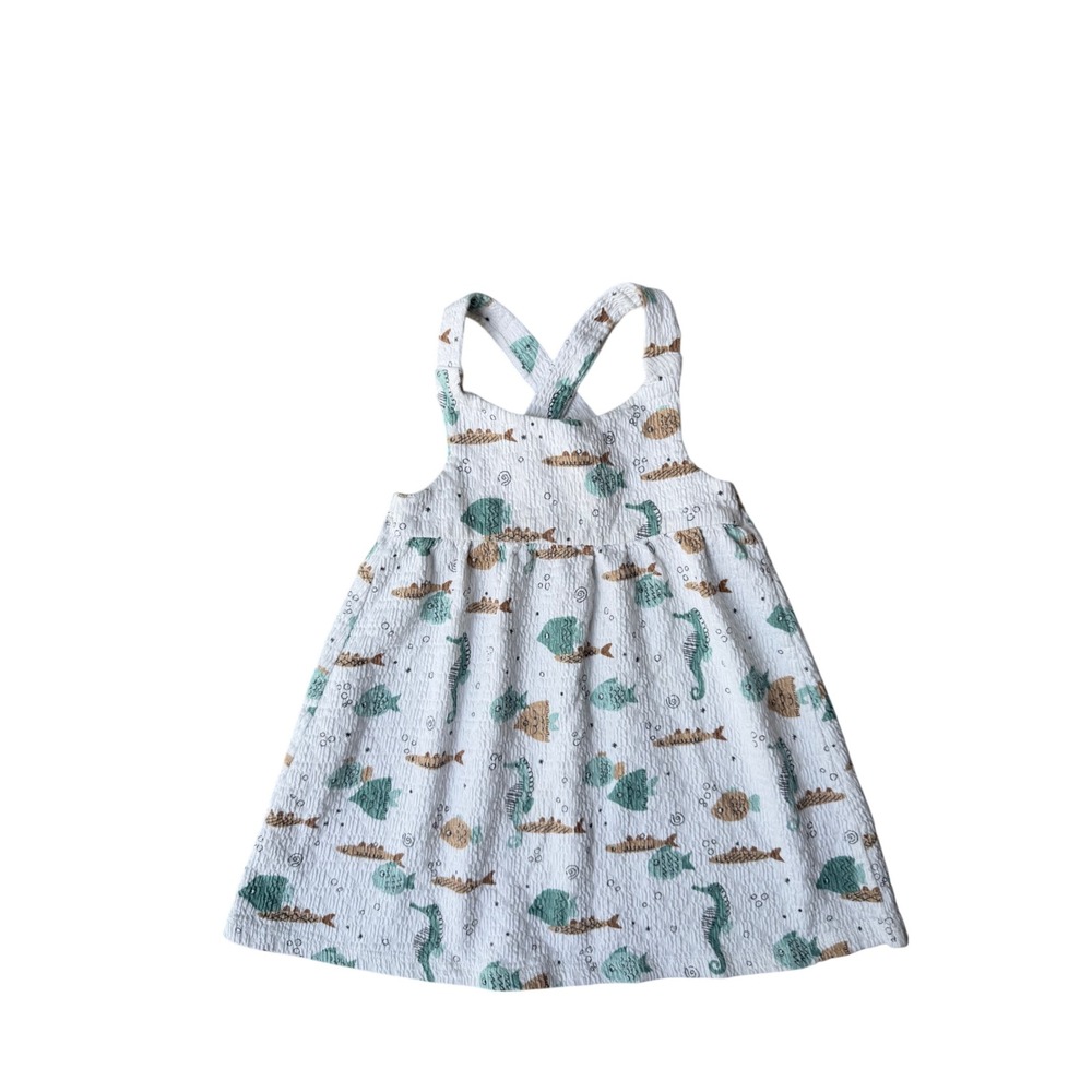 Focus Kids White Seahorse Fish Print Seersucker Cross Back Dress 24M